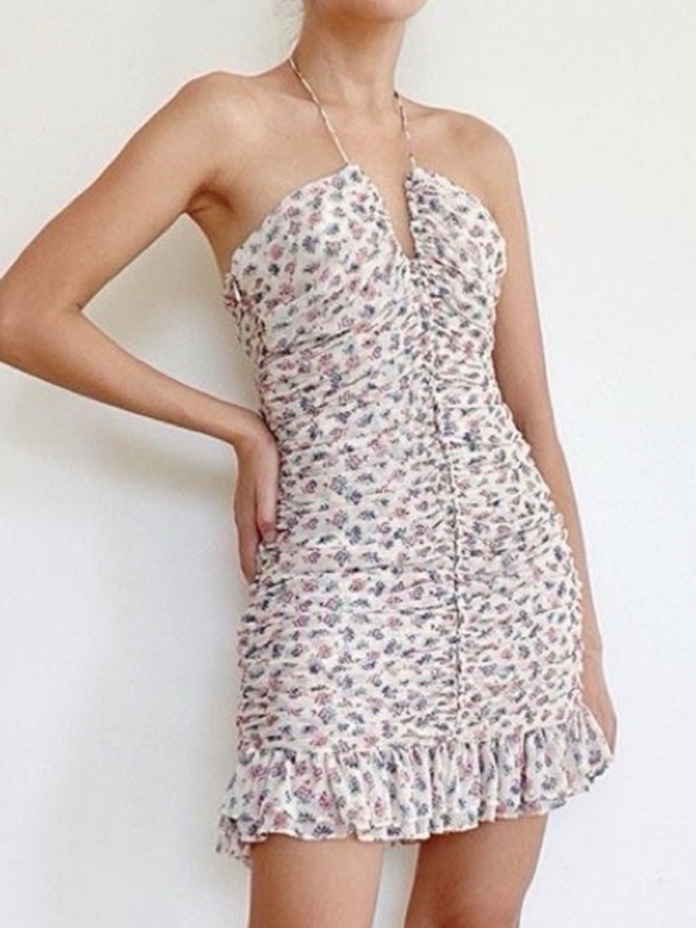 Floral Ruched Halter Mini Dress